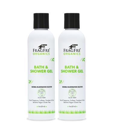 FRAGFRE Organic Shower Gel 2/Pack - Fragrance Free Sulfate Free Parabens Free - for Itchy Dry Sensitive Skins - 8 oz - Gluten Free Vegan Cruelty Free - Organic Aloe Vera Bath Shower Gel - pure Natural
