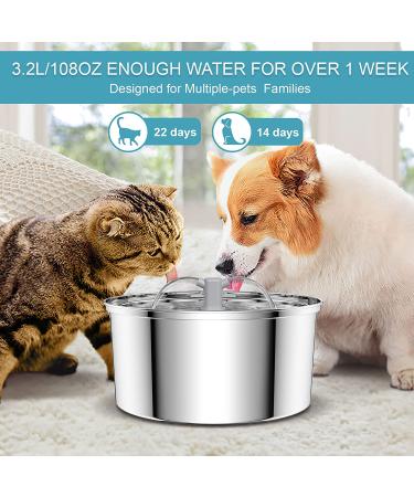 BLUZZO Stainless Steel Cat Water Fountain 3.2L/108oz with Ultra-Quiet Pump - Large Capacity Automatic Pet Water Dispenser for Cats & Dogs - Dishwasher Safe - Buy Online on GoSupps.com