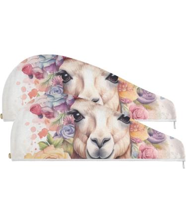Super Absorbent Llama Florals Hair Towel 2 Pack - Quick Dry Hair Turbans for Women & Girls | Soft Button Twisty Wrap - Buy Online on GoSupps.com