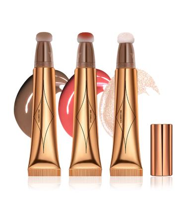 DAGEDA 3Pcs Beauty Wand  Contour  Highlighter and Blush Beauty Wand  Smooth Creamy Liquid Highlighter + Blusher + Contour Stick with Cushion Applicator  Waterproof Face Highlighter Makeup(Color B)