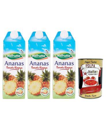 Valfrutta Succo Pineapple Pack of 3 refreshing non-alcoholic drinks pineapple flavored fruit juices 1500 ml + Italian Gourmet Polpa di Pomodoro box 400 g