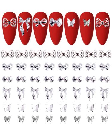LIFOOST 60Pcs 3D Silver Butterfly Nail Charms for Acrylic Nails Bow Charms for Women Girls Nail Art Jewels Nails Design and Decorations 60Pcs Butterfly
