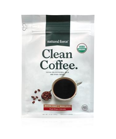 Natural Force - Organic Clean Coffee Classic, Mold & Mycotoxin Free, Lab Tested for Toxins & Purity, Low Acidity, Incredible Taste & Aroma, Whole Bean Medium Roast, 12 oz Regular - Whole Bean 12 Ounce (Pack of 1)