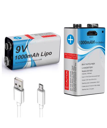 9 Volt Rechargeable Lithium Battery 1000mAh Capacity,USB Quick Charge in 2 Hours,2 Packs,9V Batteries for Smoke Alarms,Rofessional Audio,Electric Guitar,Metal Detector,Multi-Meter, Medical Devices 9VC