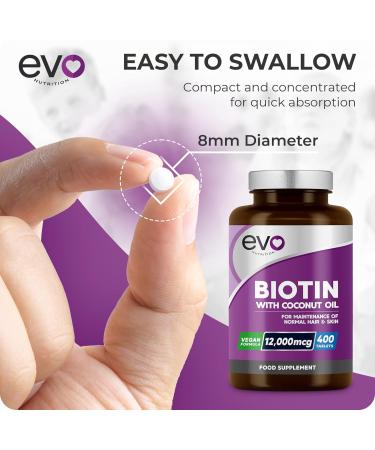 Biotin Hair Growth Supplement 12 000mcg with Coconut Oil | 400 High Strength Tablets for - 13 Month Supply Vitamin B7 Supports Normal Skin & Made in UK by EVO Nutrition - Buy Online on GoSupps.com