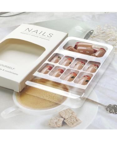 Shop Fall Short Press on Nails | French Tip Medium Length Acrylics - Hand-Painted Glossy Nude with Leaf Designs - Buy Online on GoSupps.com