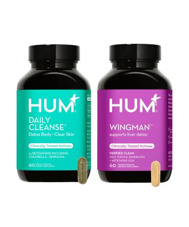 HUM Full Skin and Liver Health Supplement from Nutrition, Wingman and Daily Cleanse A Green Detox & Milk Thistle for Skin Care Support and Liver Health, 2 Pack Bundle, 60 Vegan Capsules