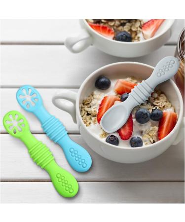 Vicloon Baby Fork and Spoon Set - 3Pcs Silicone Weaning Spoon Set for Self Feeding - Easy Grip Toddler Cutlery Kit in Blue/Green/Grey - Buy Online on GoSupps.com