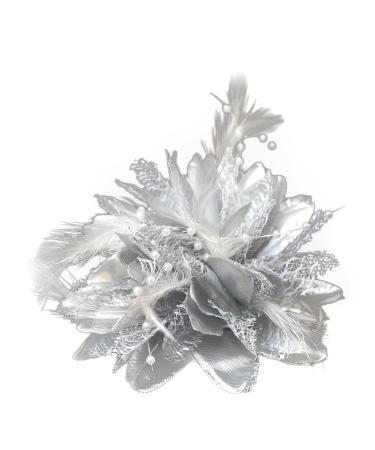 Flower Feather Bead Corsage Hair Clips Fascinator Hairband and Pin (Silver)
