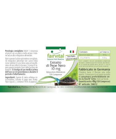 Fairvital | Black pepper extract 10 mg - 120 tablets - 95% piperine - For 4 months - 100% vegan - Tested quality - Made in Germany - Buy Online on GoSupps.com