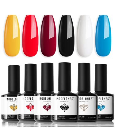 Modelones Gel Nail Polish, 6 Colors Bright Red Yellow Gel Polish Blue Black White Gel Nail Polish Set, Soak Off LED Nail Art Manicure DIY Home Salon Gift for Women Beginner A4-Colorful Life