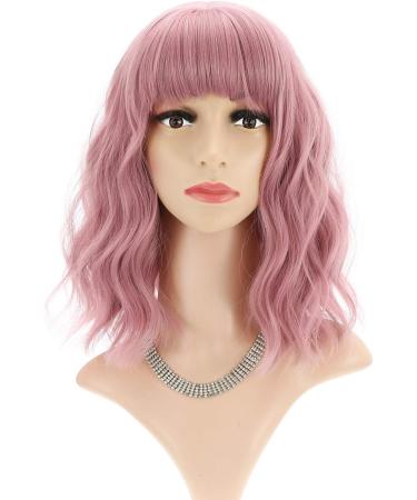 FAELBATY Short Wave Pink Bob Wig with Bangs - Shoulder Length Curly Wavy Synthetic Cosplay Wig for Women and Girls - Pastel Pink Costume Wig - Buy Online on GoSupps.com