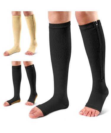Ailaka 3 Pairs Compression Socks with Zipper 15-20 mmHg Medical Knee High Compression Socks for Men Women Open Toe Socks for Varicose Veins Edema Recovery 2X-Large (3 Pair) Black+beige+black Copper