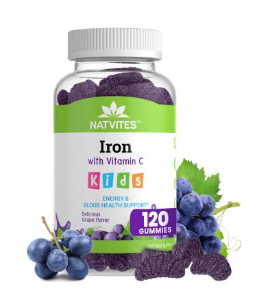 Natvites Kids Iron Gummies with Vitamin C - Delicious Grape Flavor - Energy & Blood Health Support - Gluten Free Non-GMO Vegetarian Children's Iron Supplement for Kids and Toddlers Age 2+ (120 Count)