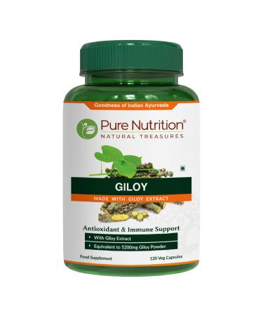 Pure Nutrition Giloy Supplement Made with Giloy Stem Extract Leaf Extract & Stem Powder | Equivalent to 5200mg Giloy Powder | Antioxidant and Immune Support | Non-GMO | Once Daily | 120 Days Supply. 120 count (Pack of 1) - Buy Online on GoSupps.com