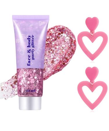 Go Ho Pink Body Glitter Gel and 2 PCS Baby Pink Heart Earrings for Women Sparkle Pink Holographic Chunky Sequins Glitter Gel with Pink Heart Earrings for Singer Concerts Face Body Glitter Makeup 2 PCS Baby Pink Heart Earrings + 1 PC Pink Body Glitter