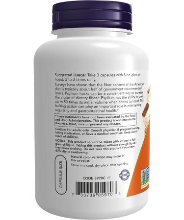 NOW Psyllium Husk Capsules 500mg - Non-GMO, Natural Soluble Fiber for Intestinal Health - 200 Veg Capsules - Buy Online on GoSupps.com