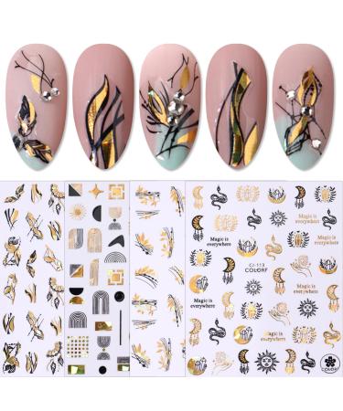JMEOWIO 8 Sheets Moon Star Sun Nail Art Stickers Decals Self-Adhesive Black Gold Nail Supplies Nail Art Design Decoration Accessories