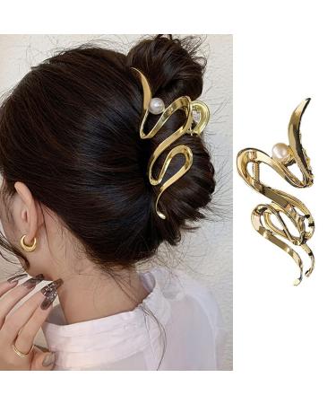 Gold Wave Pearl Hair Clip - Luxury Snake Design for Women | Irregular Acrylic Claw Clip for Thick/Thin Hair | Stylish Hair Accessory for Girls - Buy Online on GoSupps.com