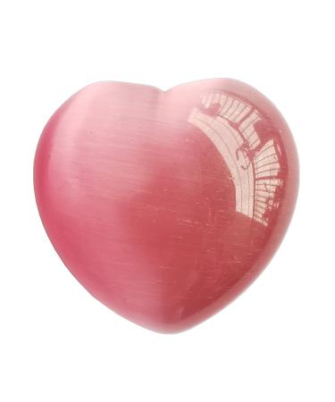 Manekieko Pink Cat's Eye Palm Worry Carved Heart Love Stone 40mm Crystals and Healing Stones