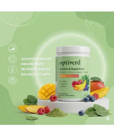 optiverd Greens Superfood Powder with Probiotics & Enzymes Detox Gut Health Energy & Immune Support Organic Vegan Gluten-Free 30 Servings Mango Flavor - Buy Online on GoSupps.com