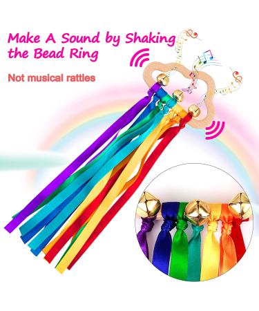 Baby Sensory Ribbon Ring Toys - Set of 2 | Rainbow Rattle & Natural Wooden Teether for 6-12 Month Babies | Montessori Sensory Toy - Buy Online on GoSupps.com