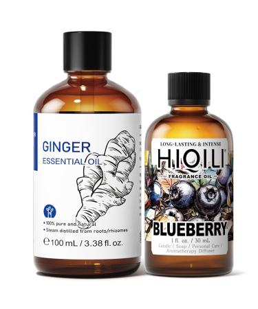 HIQILI 100ML Pure Ginger Essential Oil & 30ML Blueberry Fragrance Oil for DIY Diffuser