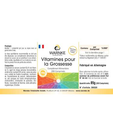 Vitamines pour femmes enceintes - avec 800 g d'acide folique - 200 comprim s pour 9 mois 13 micronutriments par comprim dosage s r | Warnke Vitalstoffe - Qualit des pharmacies allemandes - Buy Online on GoSupps.com