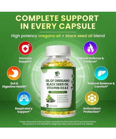 Organic Oregano Oil Capsules with Black Seed Oil Ultra-Concentrated 99% Carvacrol 5-in-1 with Vitamin D3 E Black Pepper Immune Respiratory Digestive & Antioxidant* 180 Softgels Easy to Swallow 180 Count (Pack of 1) - Buy Online on GoSupps.com