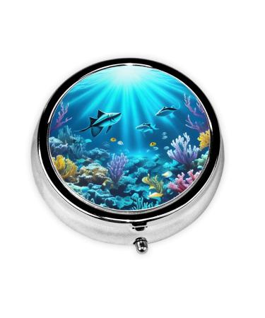 Submarine Coral Raysround Pill Box 3 Compartments Round Pill Box Organizer for Purse Or Pocket &*Portable Travel Pill Box