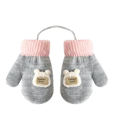 Girls Boys Cute Fox Knitting Short Full Finger Gloves Toddler Kids Winter Thermal Plush Lining Cycling Camping Gloves Mitten for 1-3 Yrs Cartoon/Grey