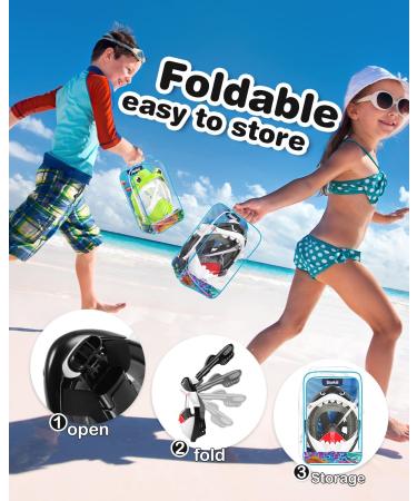 Kkdi Kids Full Face Snorkel Mask for Ages 4-16 | Foldable Dry Top Snorkel Set - Green Frog/Black Shark | Anti-Leak, Anti-Fog, 180 HD View | Swimming Pool Toy with Portable Bag - Buy Online on GoSupps.com
