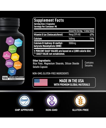 HMB & Vitamin D3 Supplement - 1000mg HMB with Calcium for Muscle Growth & Recovery - 360 Capsules 6-Month Supply - Optimize Strength & Mass Gain - Buy Online on GoSupps.com