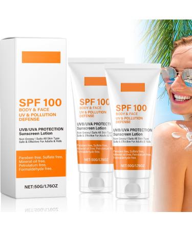 Sunscreen SPF 100, 50g Sunscreen SPF 100, Sunscreen Lotion, Sun Lotion with UVA/UVB Protection, Moisturizing, Anti-Aging Sunscreen Water Resistant Suitable for All Skin Types (2 PC)