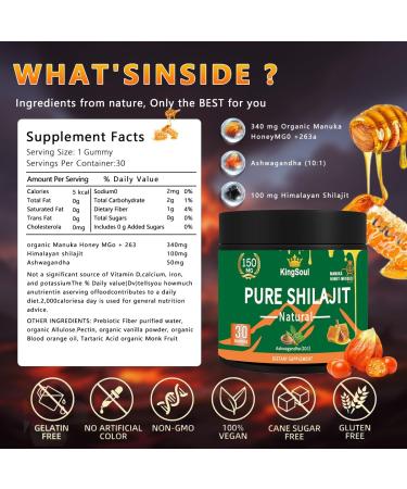 Kingsoul Shilajit Gummies with Manuka Honey Ashwagandha - Promotes Optimal Recovery Increases Energy & Endurance Supports Immune Health Better Sleep Support 150mg per Serving 30 Count - Buy Online on GoSupps.com