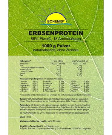 Bonemis Pea Protein 1kg - 86% Protein 18 Amino Acids Vegan No Additives - Premium Quality International Shipping - Buy Online on GoSupps.com
