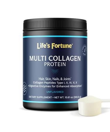 Life's Fortune Multi Collagen Peptides Powder Drink Plus for Women & Men - Type I II III V X Blend with Digestive Enzyme for Skin Hair Nails Joints Health Unflavored 30 Servings 10.61 Ounce (Pack of 1)