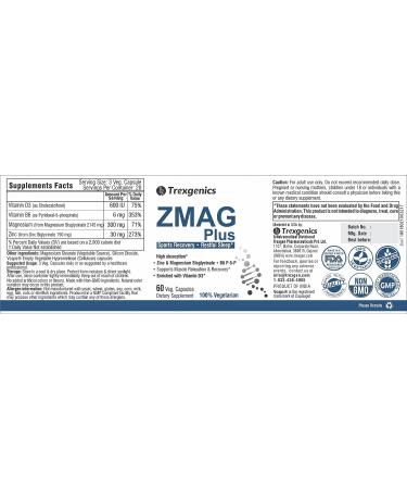 Trexgenics ZMAG Plus: Zinc & Magnesium Bisglycinate, Pyridoxal 5 Phosphate D3 for Sports Recovery & Relaxation (60 Veg. Capsules) - Buy Online on GoSupps.com