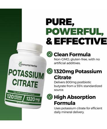 Immortal Herbs Potassium Citrate Supplement 1320mg High Absorption Powder 120 Vegan Capsules Non-GMO & Gluten-Free Potassium Supplements for Women and Men - Buy Online on GoSupps.com