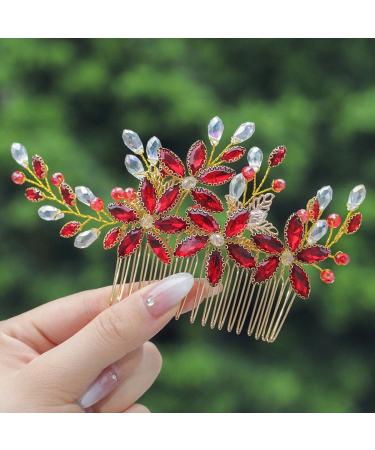 IYOU Bride Wedding Hair Comb Rhinestone Red Hair Piece Flower Prom Bridal Headpiece Accessories for Women