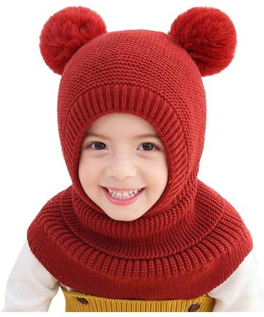 Balaclava Baby Winter Hat with Double Pom Pom Design - Cute Small Bear Beanie Cap for Boys & Girls | Cozy Knitted Hood Scarf Combo - D-A One Size - Buy Online on GoSupps.com