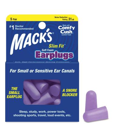 Mack's Slim Fit Soft Foam Earplugs 5 Pair - Small Ear Plugs for Sleeping Snoring Traveling Concerts Shooting Sports & Power Tools | Made in USA Purple 5 Count (Pack of 1)