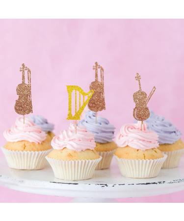 24pcs Musical Instrument Cupcake Toppers Violin Cake Decor Brown&Gold Glitter Harp Cupcake Picks for Baby Shower Music Theme Birthday Party Decoration - Buy Online on GoSupps.com