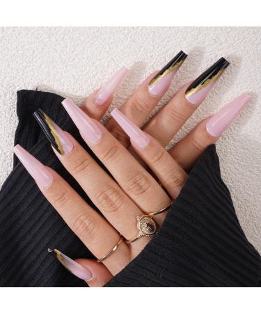 Xerling French Nails Press on with Glitter Rhinestones False Nails with Stripe Designs Blue Heart Coffin Nails Tips Long Fake Nails Ballerina Full Cover for Women Girls 24Pcs (Pattern G)