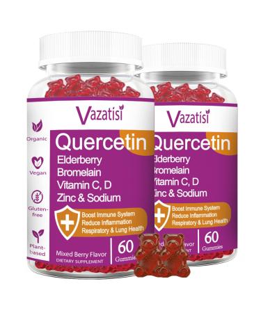 Quercetin Gummies, Organic Quercetin with Vitamin C and Zinc, Bromelain, Elderberry & Vitamin D - Immune Support - Adults & Kids, Women & Men - 120 Vegan Gummies Chewable 60 Count (Pack of 2)