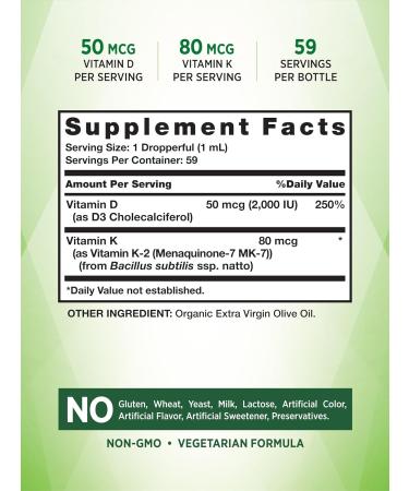 Nature's Truth Vitamin D3 K2 Liquid Drops with MK-7 - 2 Fl Oz | Vegetarian, Non-GMO & Gluten Free | Essential Vitamin Support - Buy Online on GoSupps.com