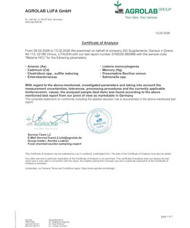 Betaine HCL 650mg 120 G lules V g tales Test par un laboratoire ind pendant - Buy Online on GoSupps.com
