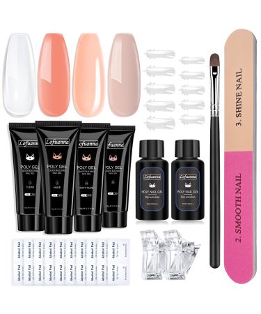 Lofuanna Poly Gel Nail Kit-4 Colors Nude Set Poly Nail Gel Nail Starter kit 15ML Poly Extension Gel With 80ml Slip Solution All-in-one Nail Strengthen Gel Nail Gel Kit DIY for Beginners 002-NUDE SET
