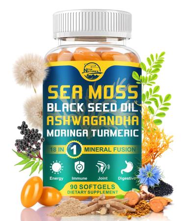 Nature's live Organic Sea Moss Softgels, with Black Seed Oil, Ashwagandha, Bladderwrack, Ginger, Burdock Root, Manuka Honey, Cinnamon for Immune System, Skin, Energy, 90 Softgels, 1 Pack 90 Count (Pack of 1)