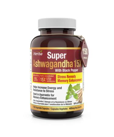 Herba Ashwagandha Supplement - 150 Capsules | 6000mg Per Day | 15:1 Extra Strength Ashwagandha Capsule with Black Pepper | Adaptogen for Energy & Stress | Made in Canada